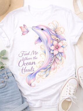 White Dolphin Graphic Tee - 'Find Me Where the Ocean Heals'